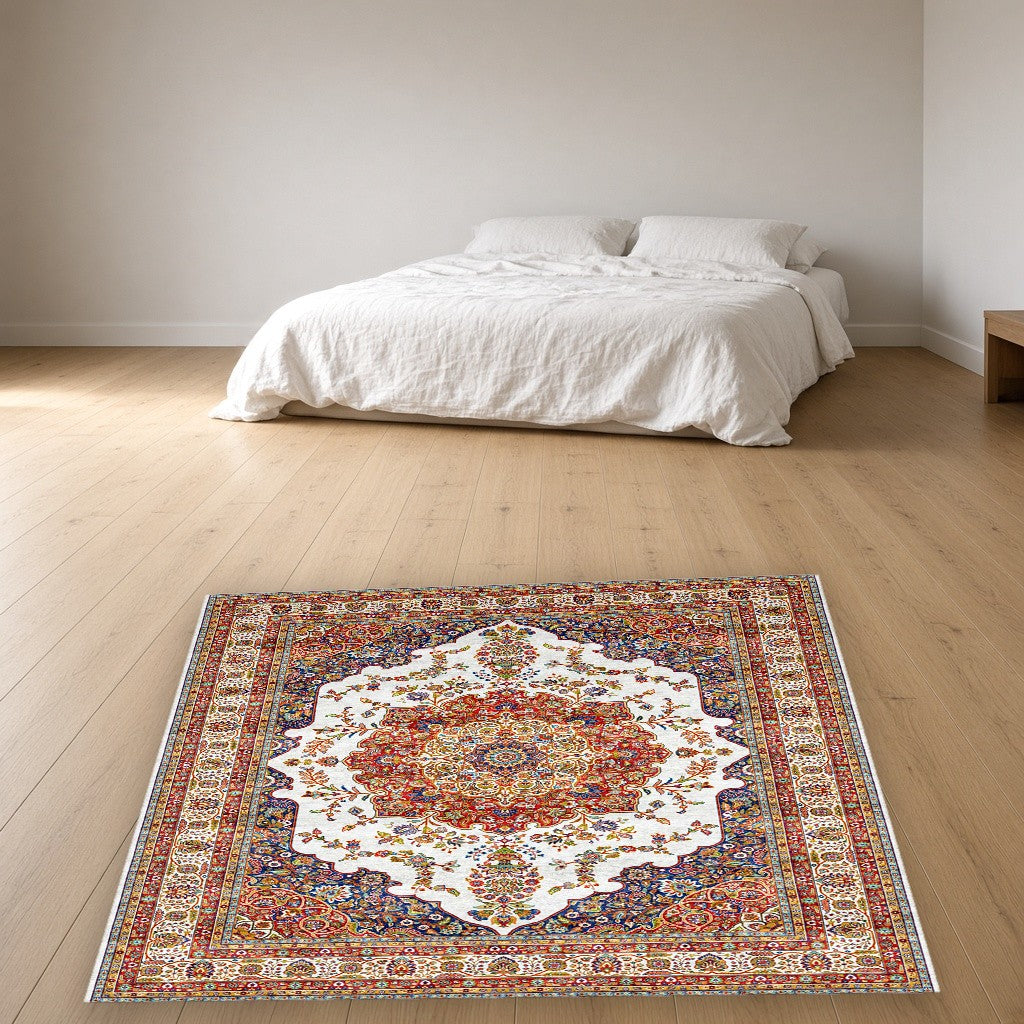 Silver Grand Medallion Mogul Area Rug in a bedroom