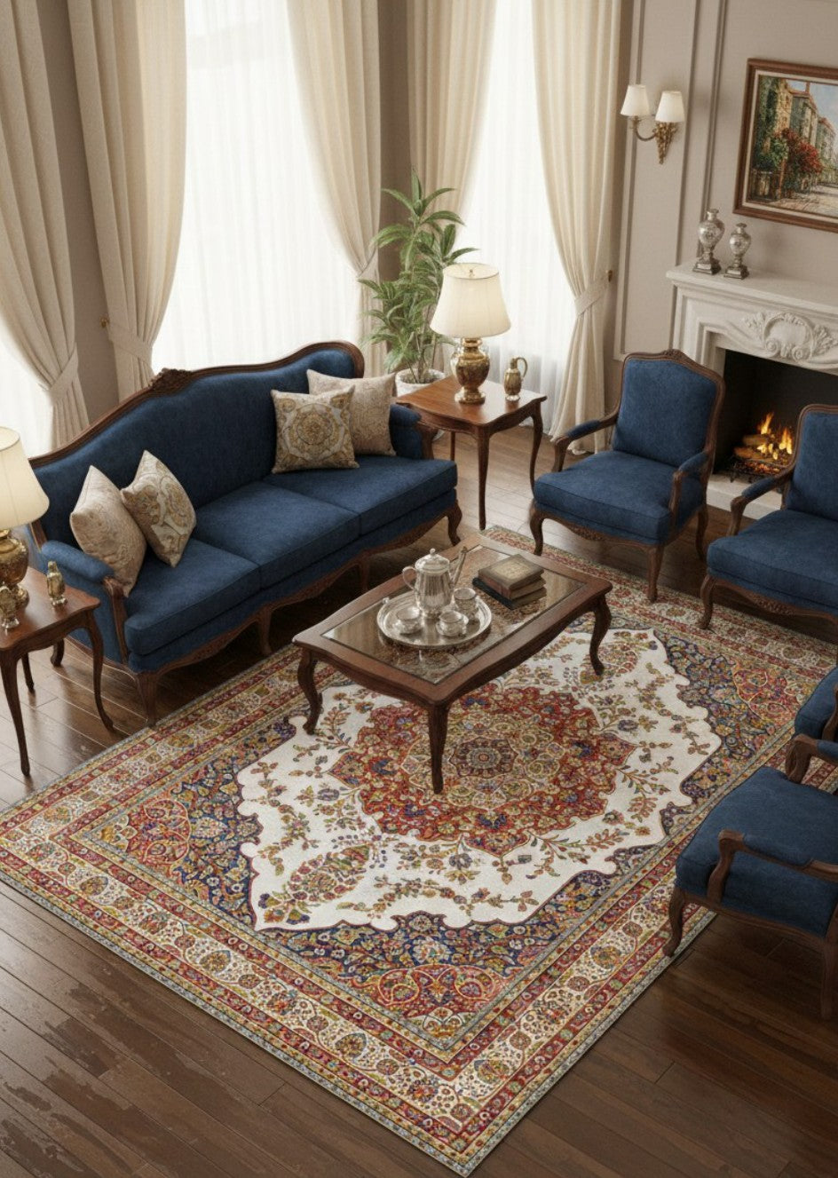 Silver Grand Medallion Mogul Area Rug in a styled room