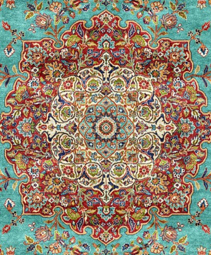 Turquoise Grand Medallion Mogul Area Rug pattern detail