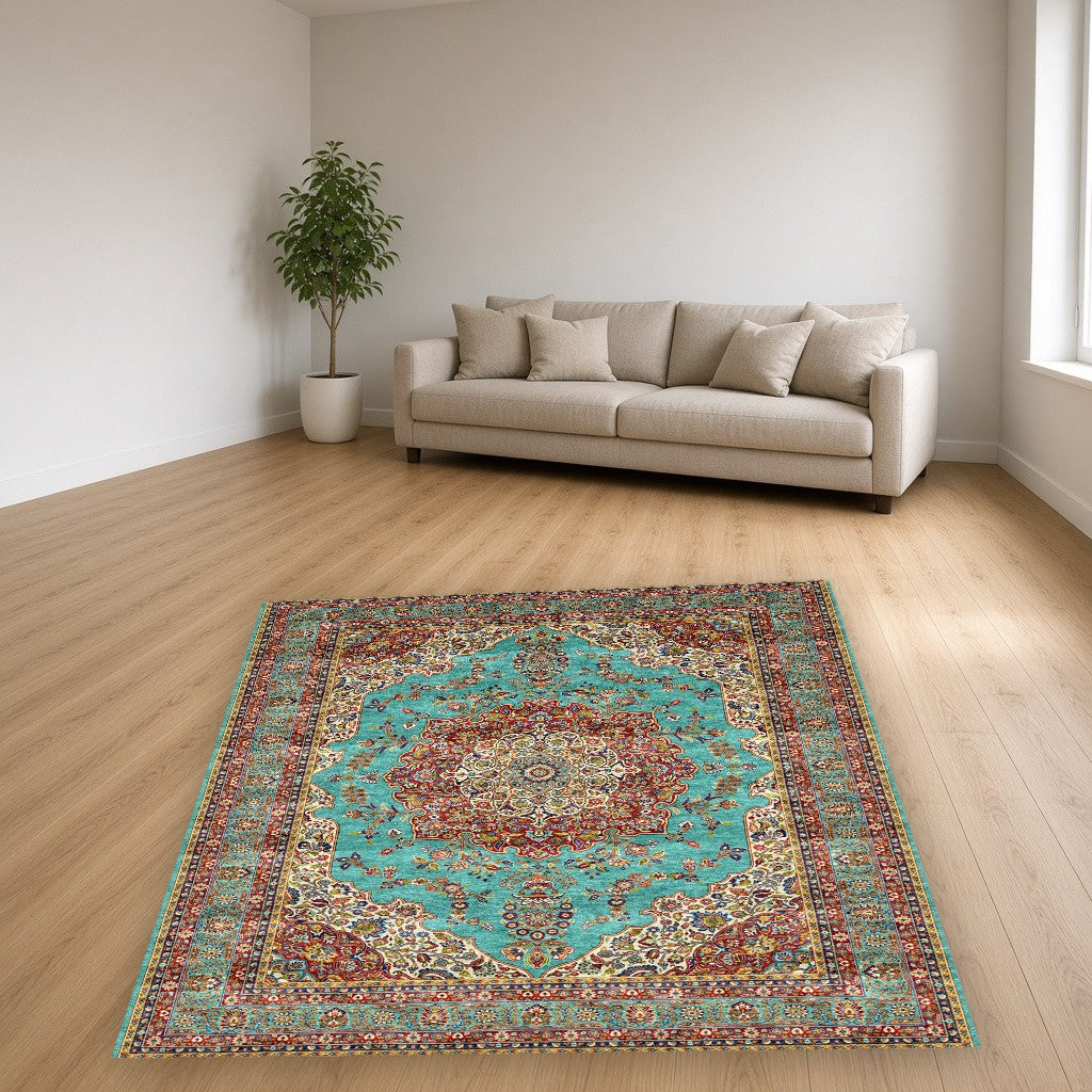 Turquoise Grand Medallion Mogul Area Rug in a living room