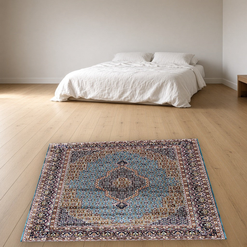 Turquoise Ornate Floral Lattice Mogul Area Rug in a bedroom