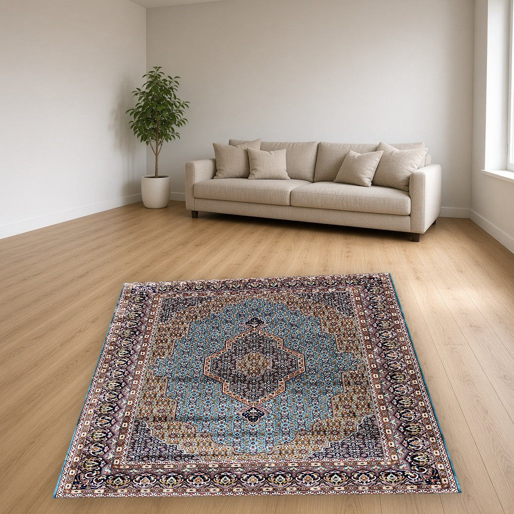 Turquoise Ornate Floral Lattice Mogul Area Rug in a living room