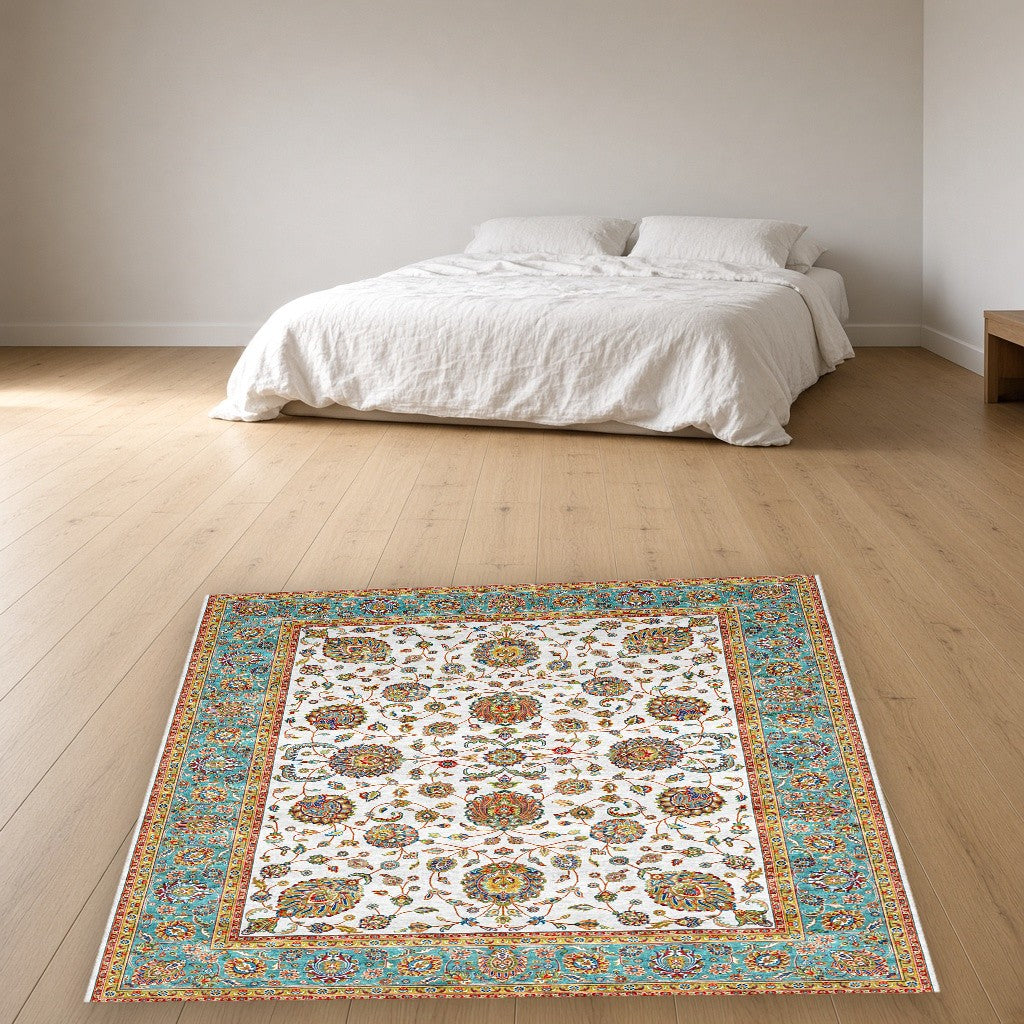White Aqua Classic Herati Field Mogul Area Rug in a bedroom