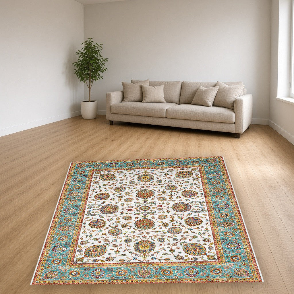 White Aqua Classic Herati Field Mogul Area Rug in a living room