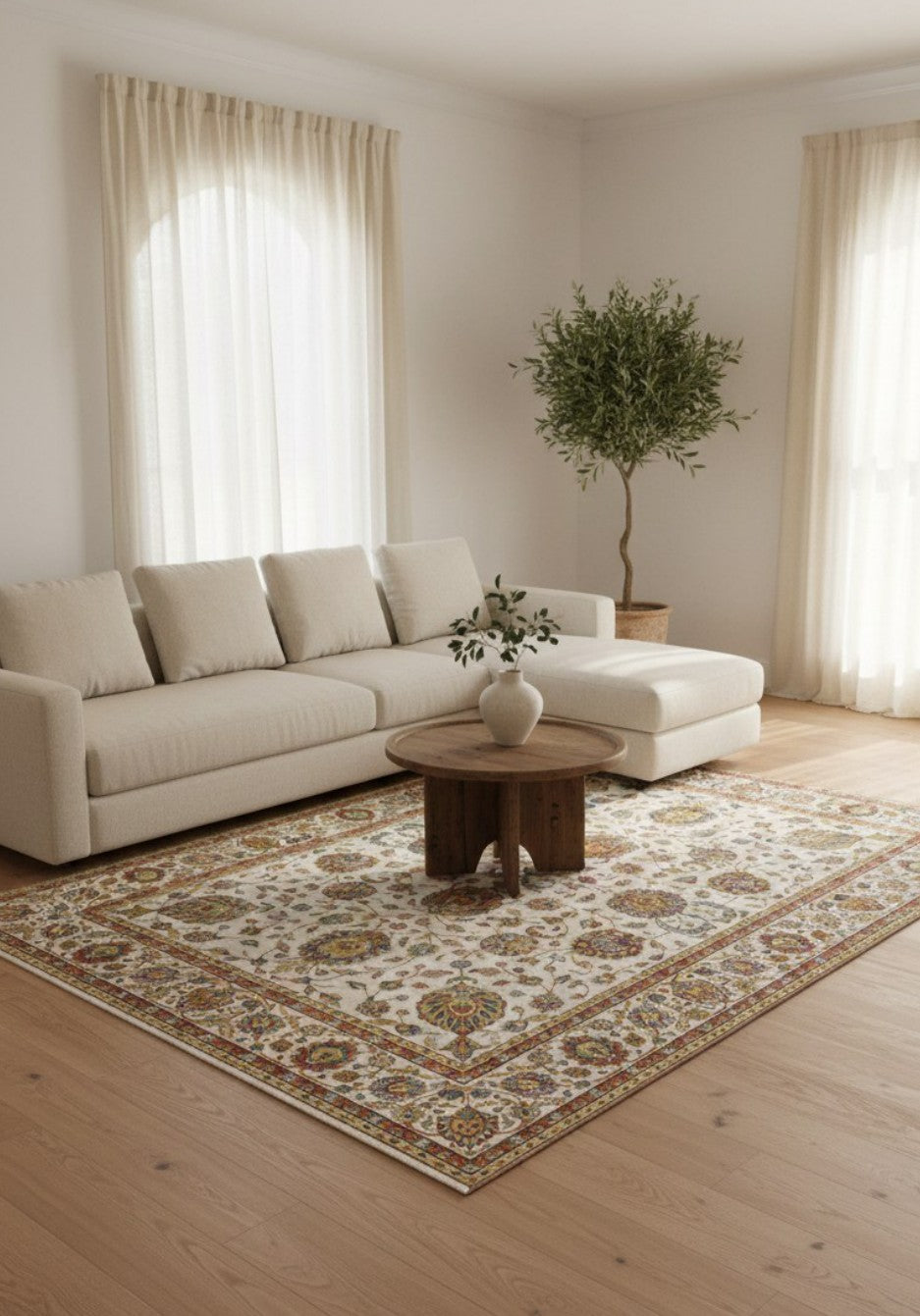 White Classic Herati Field Mogul Area Rug in a styled room