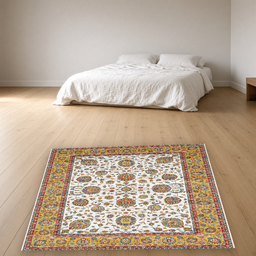 White Gold Classic Herati Field Mogul Area Rug in a bedroom
