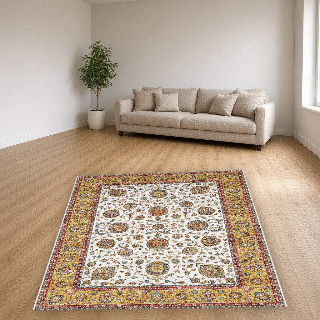 White Gold Classic Herati Field Mogul Area Rug in a living room