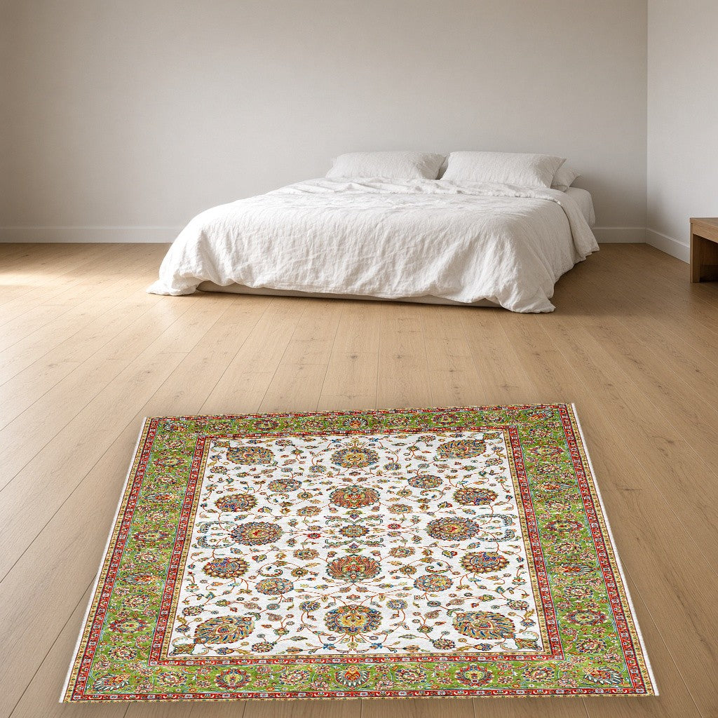 White Green Classic Herati Field Mogul Area Rug in a bedroom