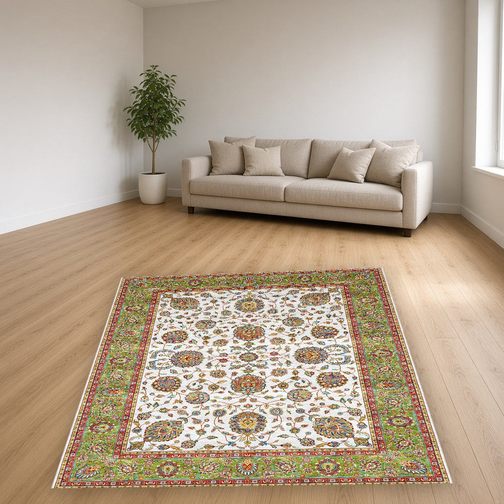 White Green Classic Herati Field Mogul Area Rug in a living room