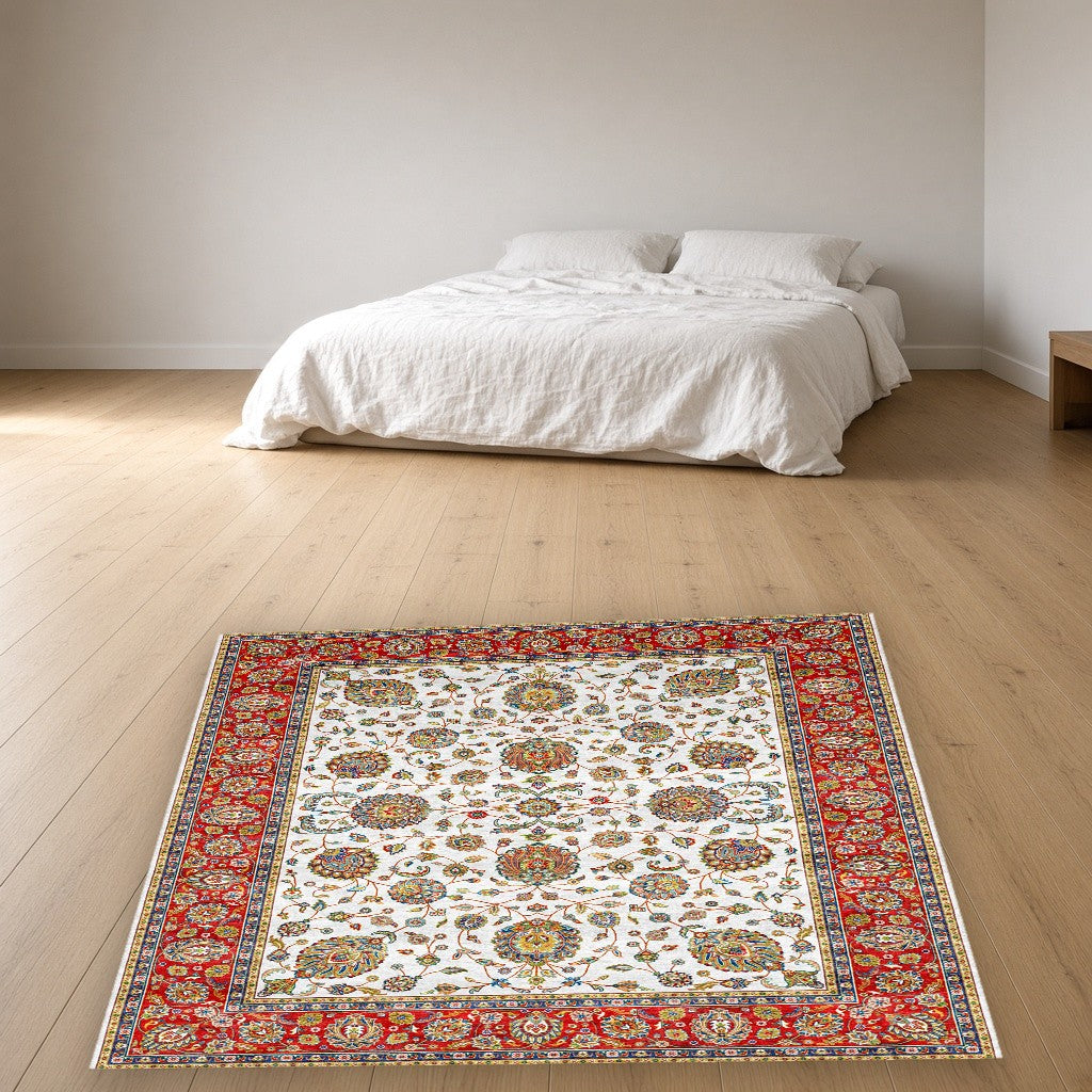 White Red Classic Herati Field Mogul Area Rug in a bedroom