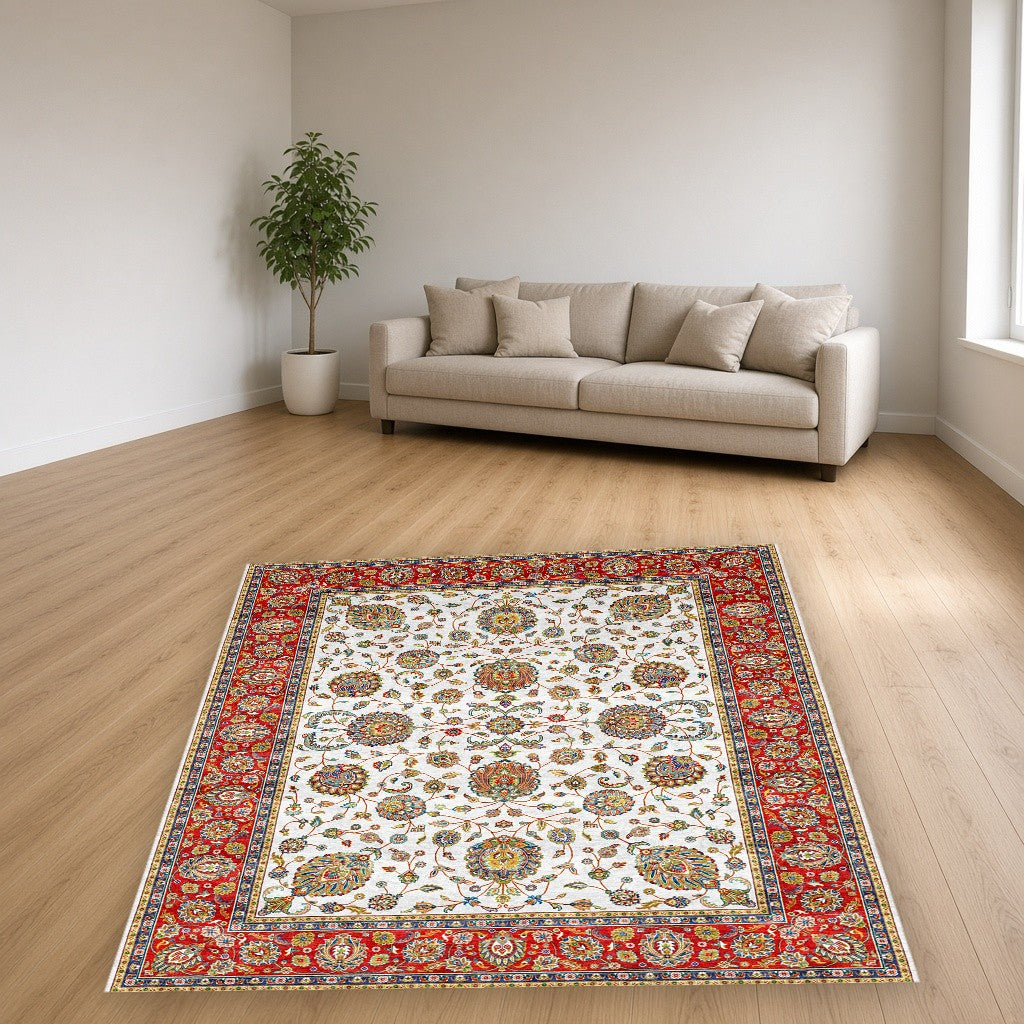 White Red Classic Herati Field Mogul Area Rug in a living room
