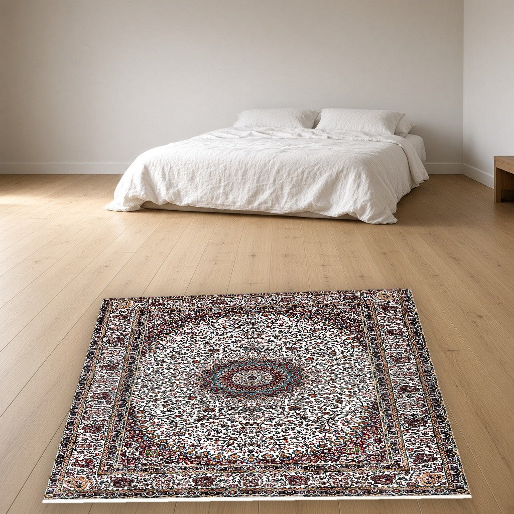 White Royal Centerpiece Mogul Area Rug in a bedroom