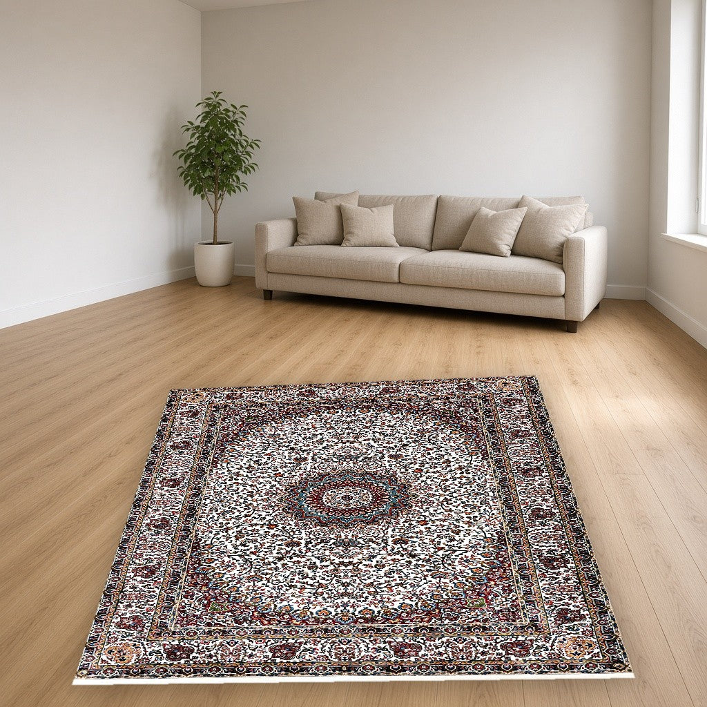 White Royal Centerpiece Mogul Area Rug in a living room