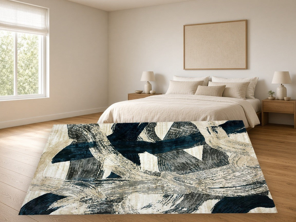 Avenue Abstract Multi New York Area Rug in a bedroom