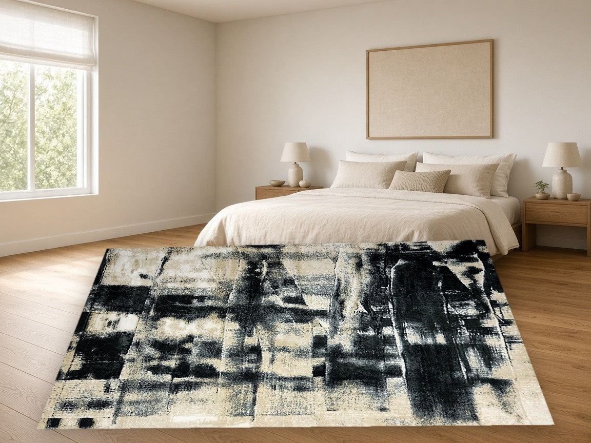 Block Distressed New York Area Rug in a bedroom
