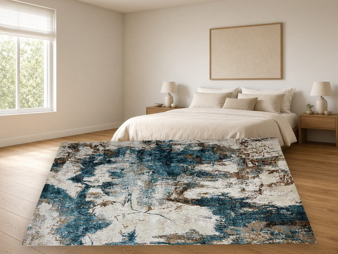 Blue Grey Splash New York Area Rug in a bedroom