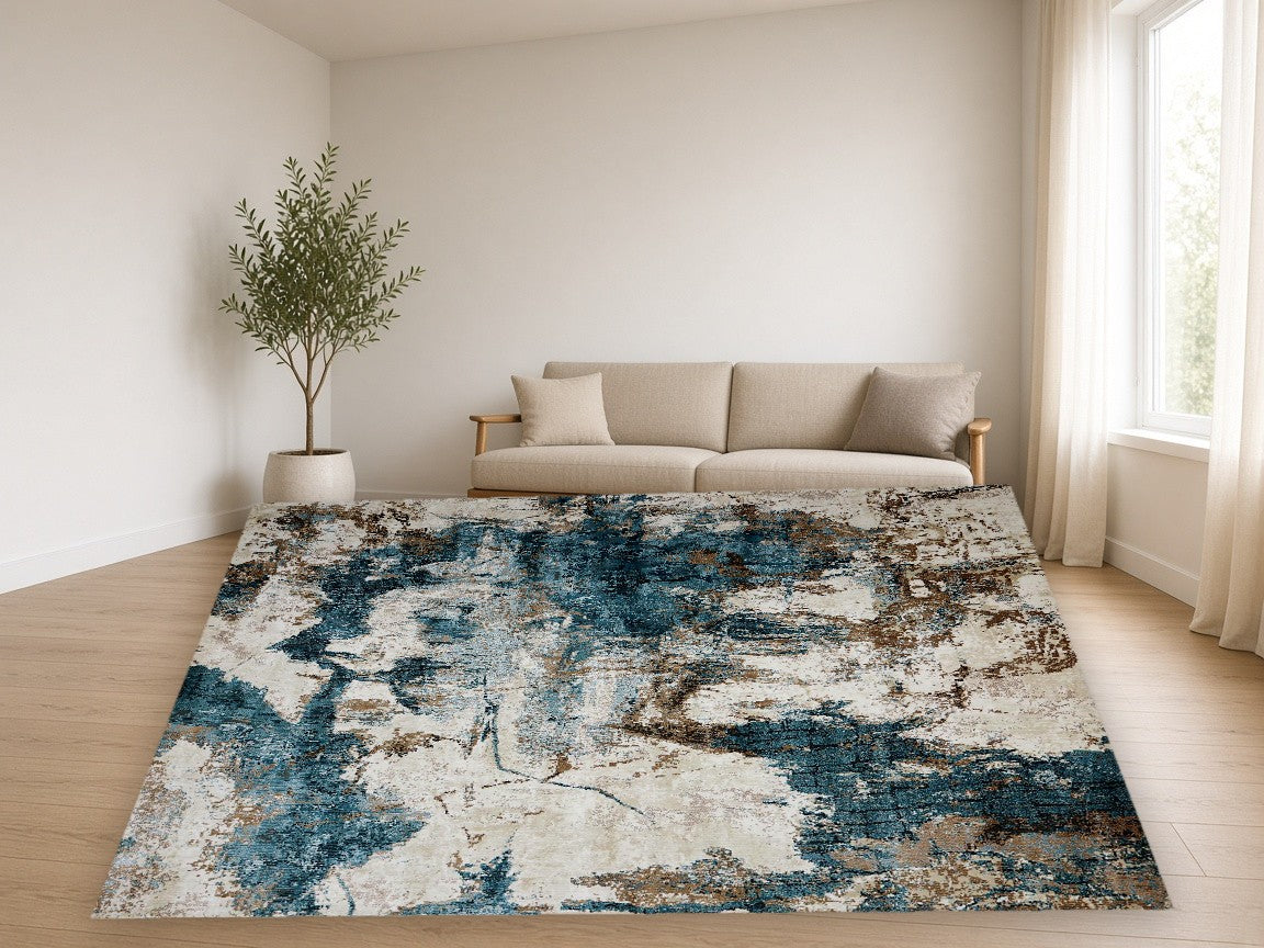 Blue Grey Splash New York Area Rug in a living room