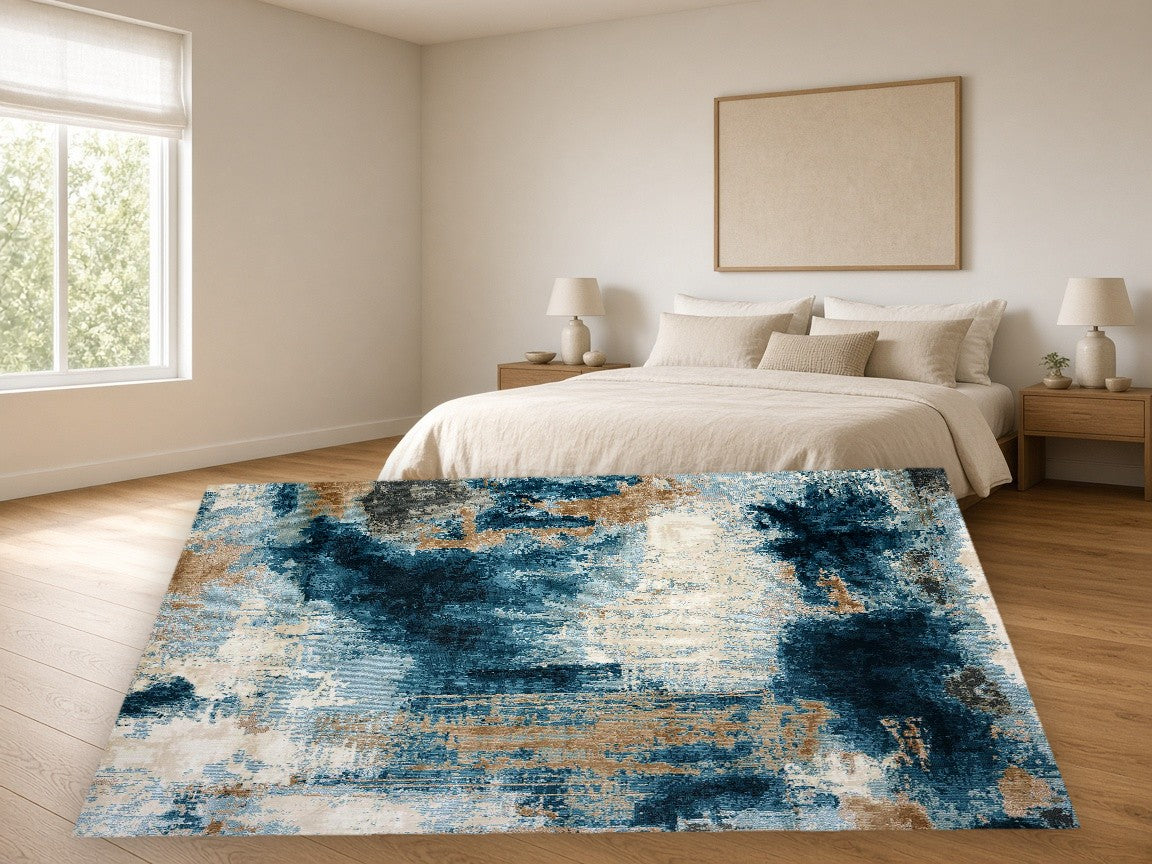 Bridge Abstract Multi New York Area Rug in a bedroom
