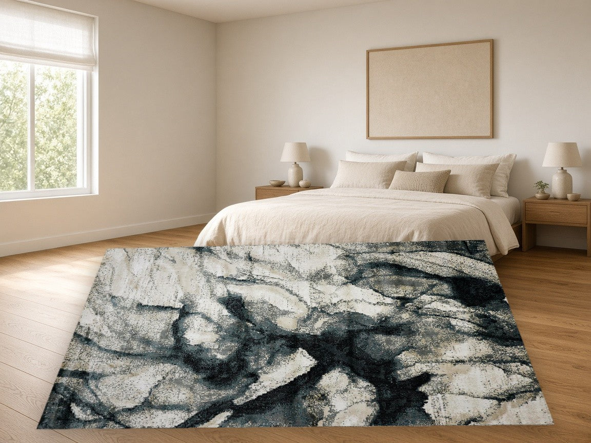 Charcoal Branch New York Area Rug in a bedroom