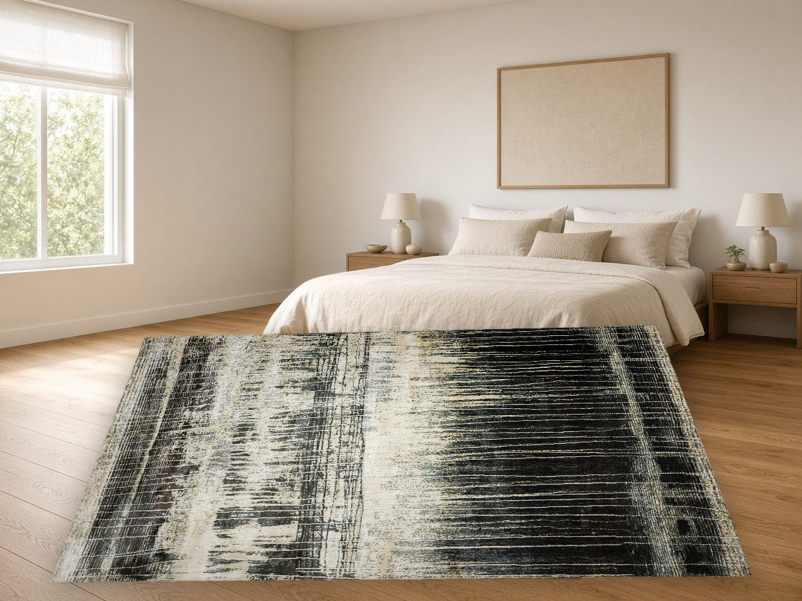 Copper Abstract Multi New York Area Rug in a bedroom