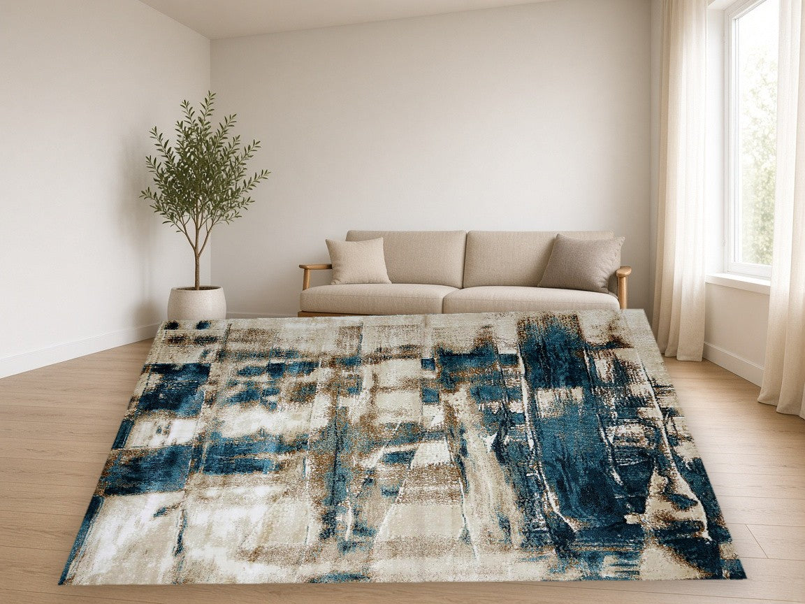 Denim Grid Abstract New York Area Rug in a living room