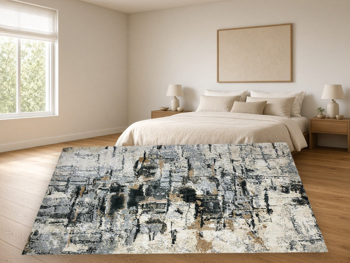 Harbor Abstract Multi New York Area Rug in a bedroom