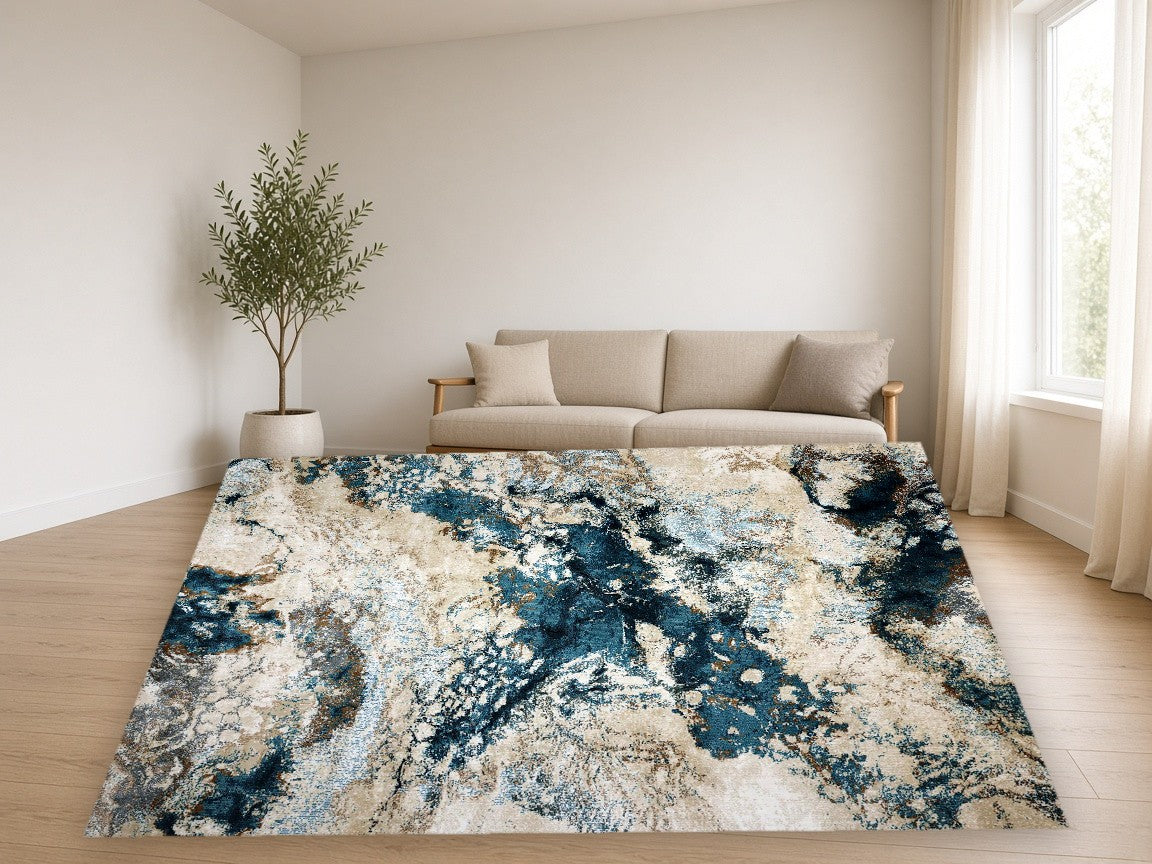 Ink Blot Abstract New York Area Rug in a living room