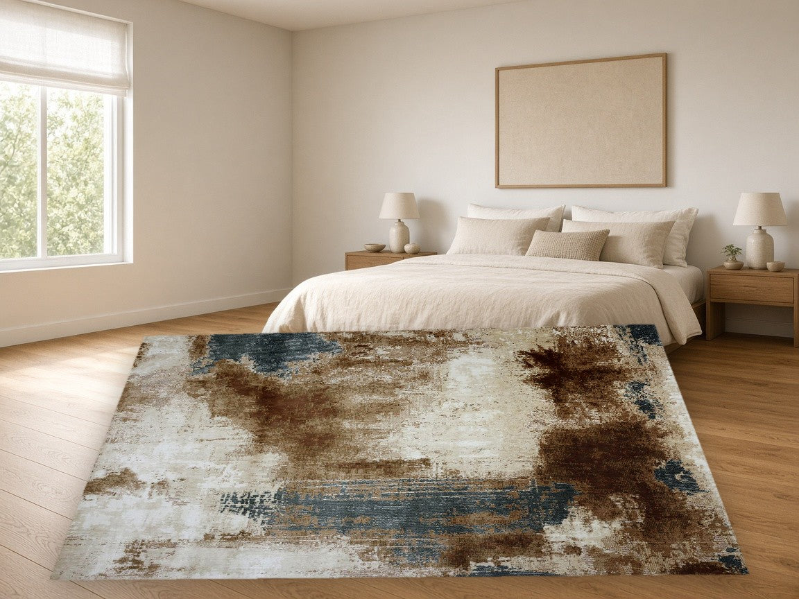 Loft Abstract Multi New York Area Rug in a bedroom