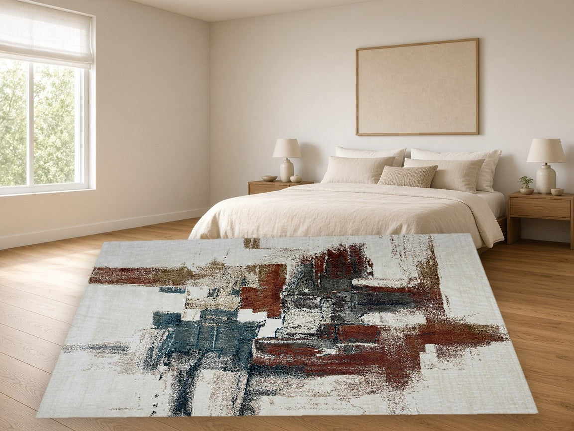 Manhattan Abstract Multi New York Area Rug in a bedroom