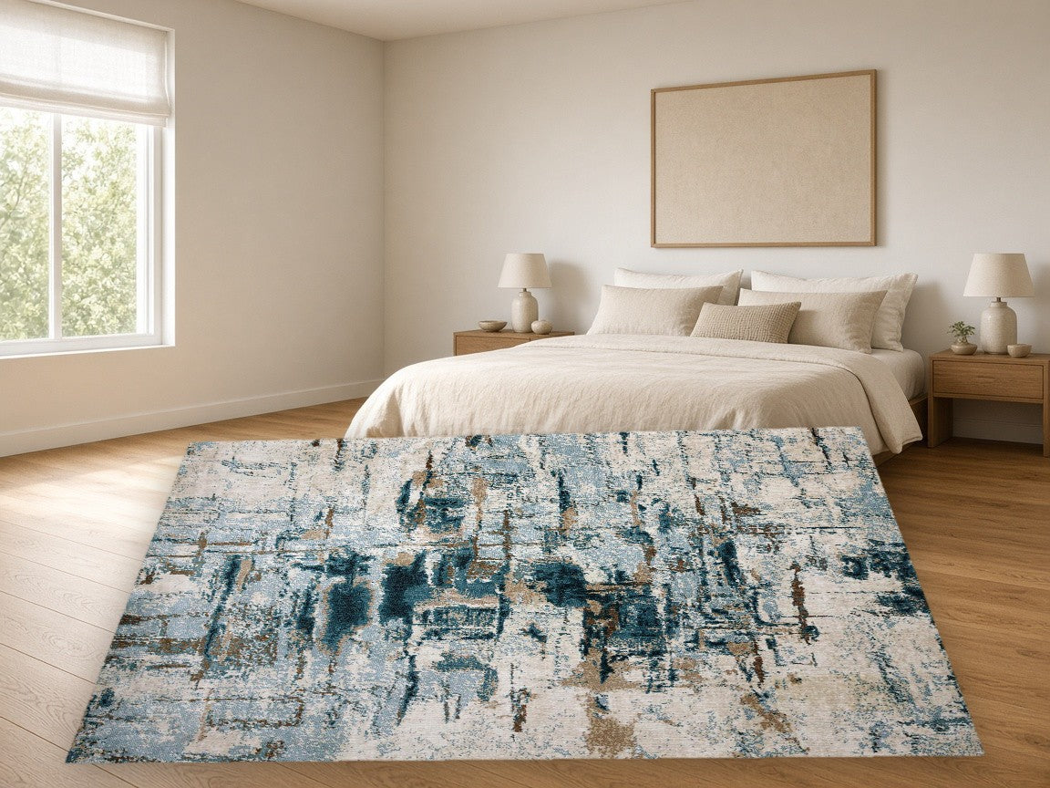 Metro Line Abstract New York Area Rug in a bedroom