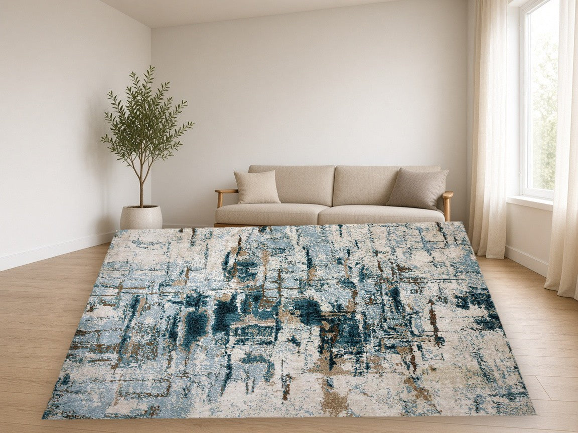 Metro Line Abstract New York Area Rug in a living room