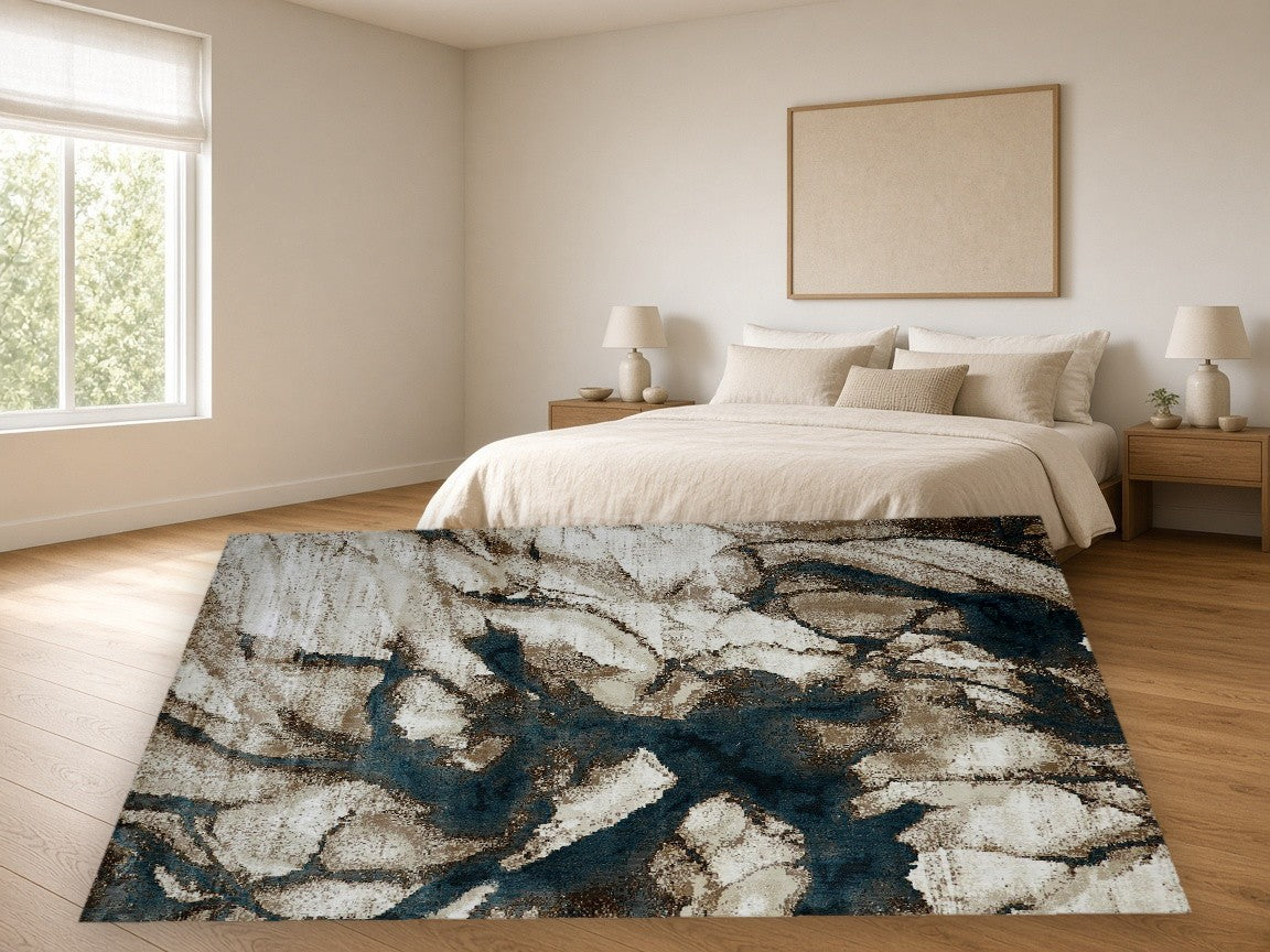 Navy Branch New York Area Rug in a bedroom