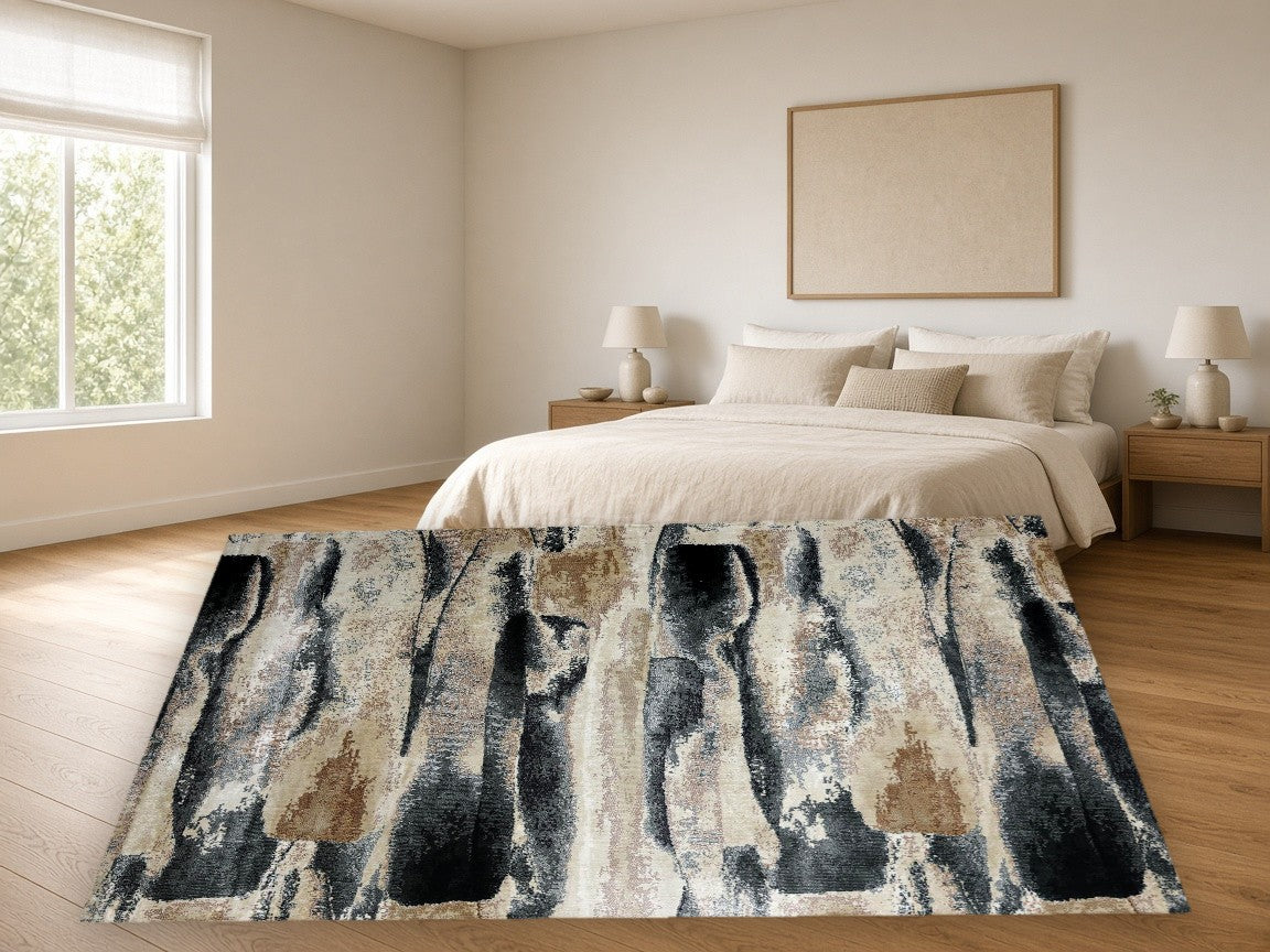 Pebble Abstract Multi New York Area Rug in a bedroom