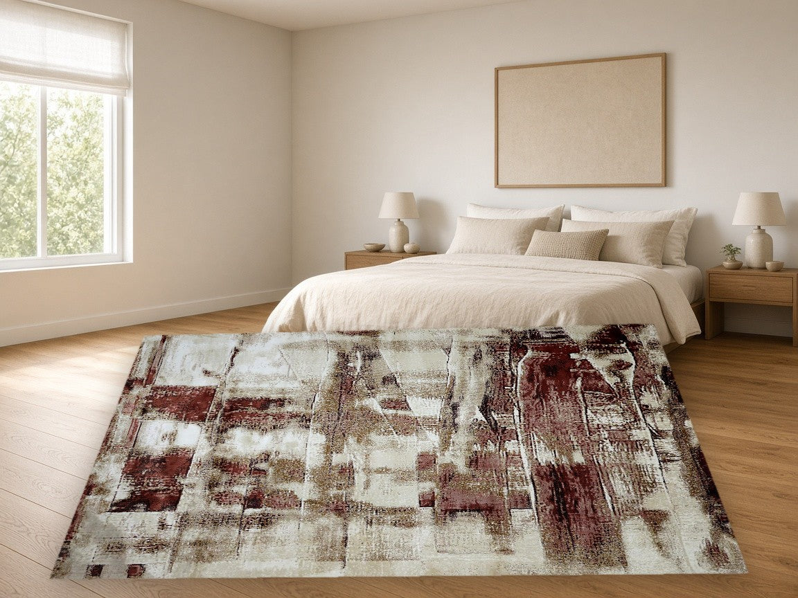 Rust Grid Abstract New York Area Rug in a bedroom