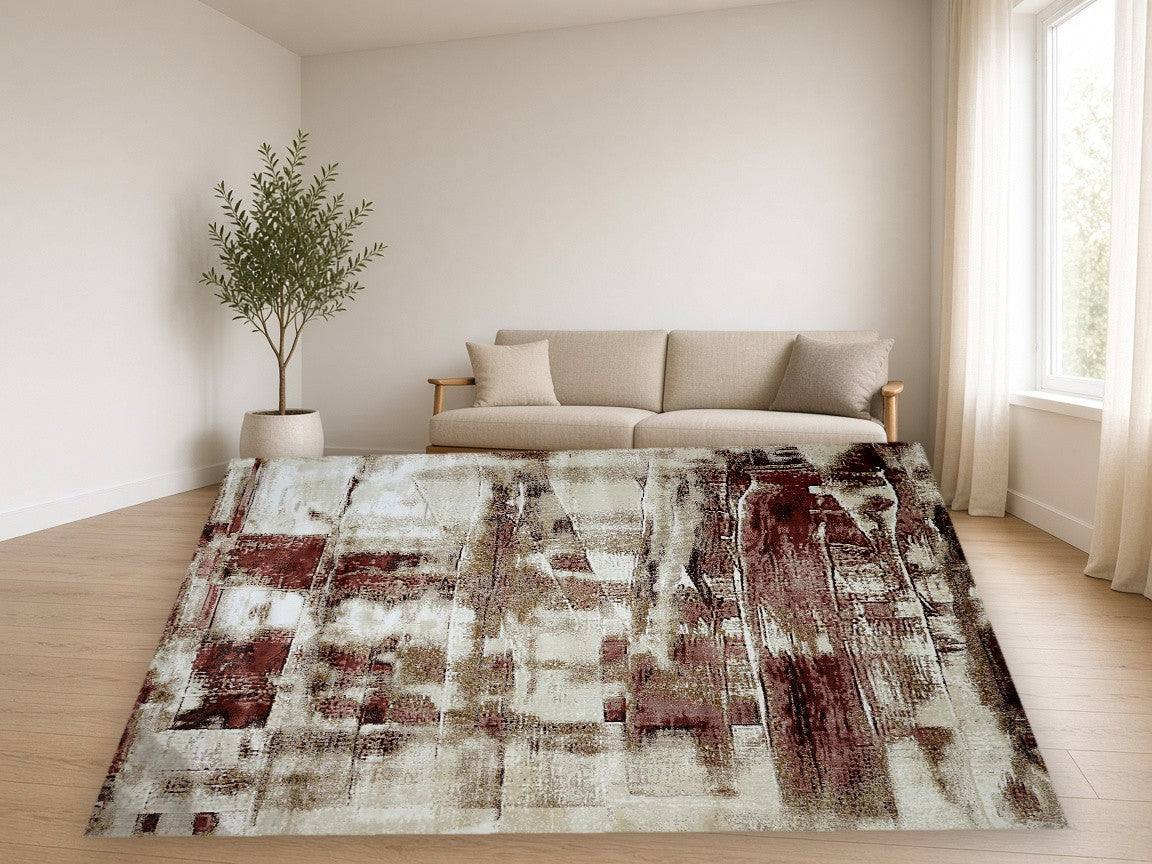 Rust Grid Abstract New York Area Rug in a living room