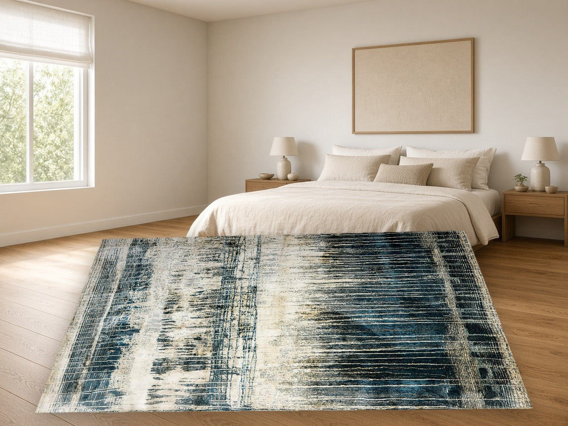 Smoke Abstract Multi New York Area Rug in a bedroom