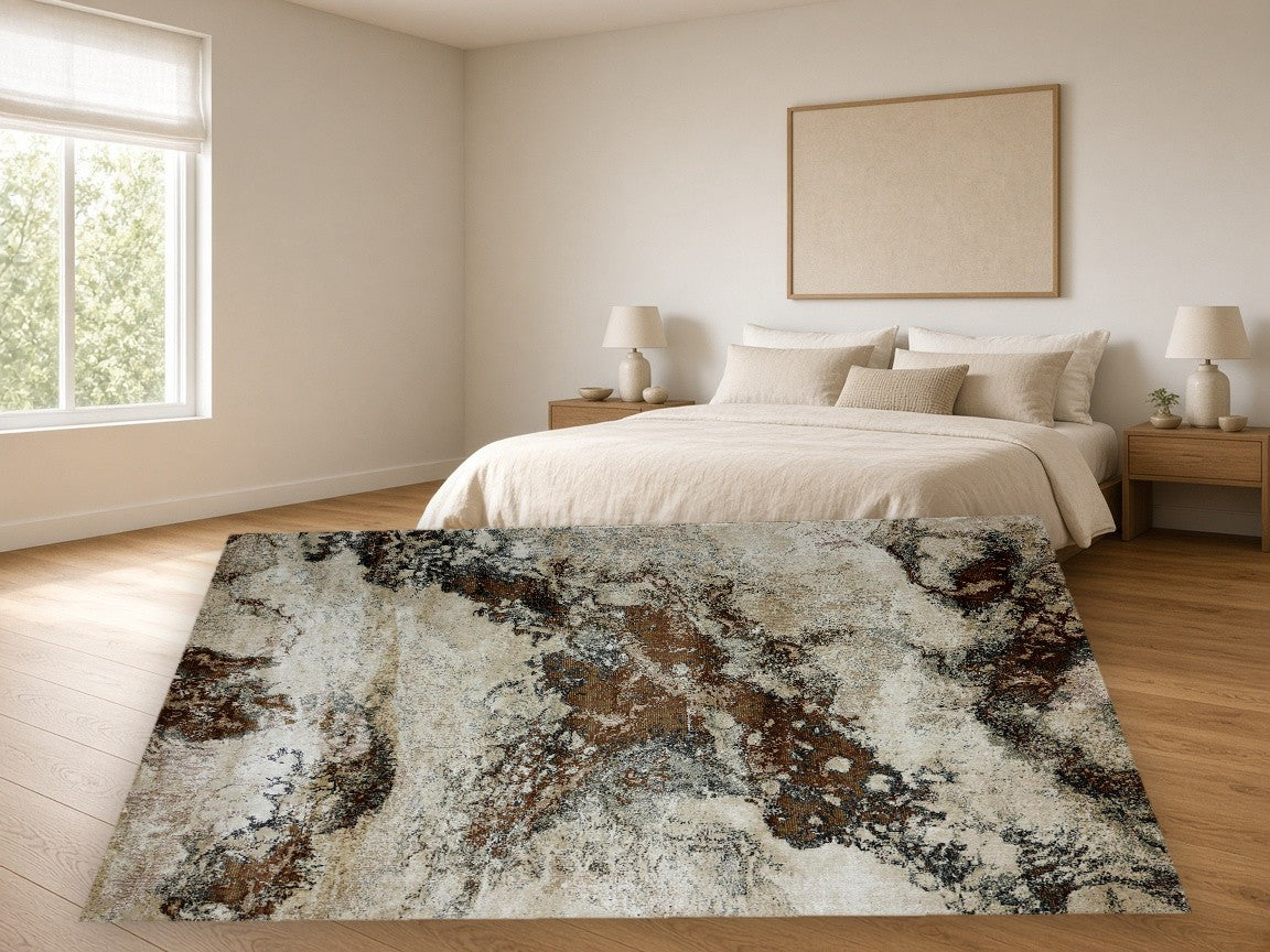 Stone Patch Abstract New York Area Rug in a bedroom