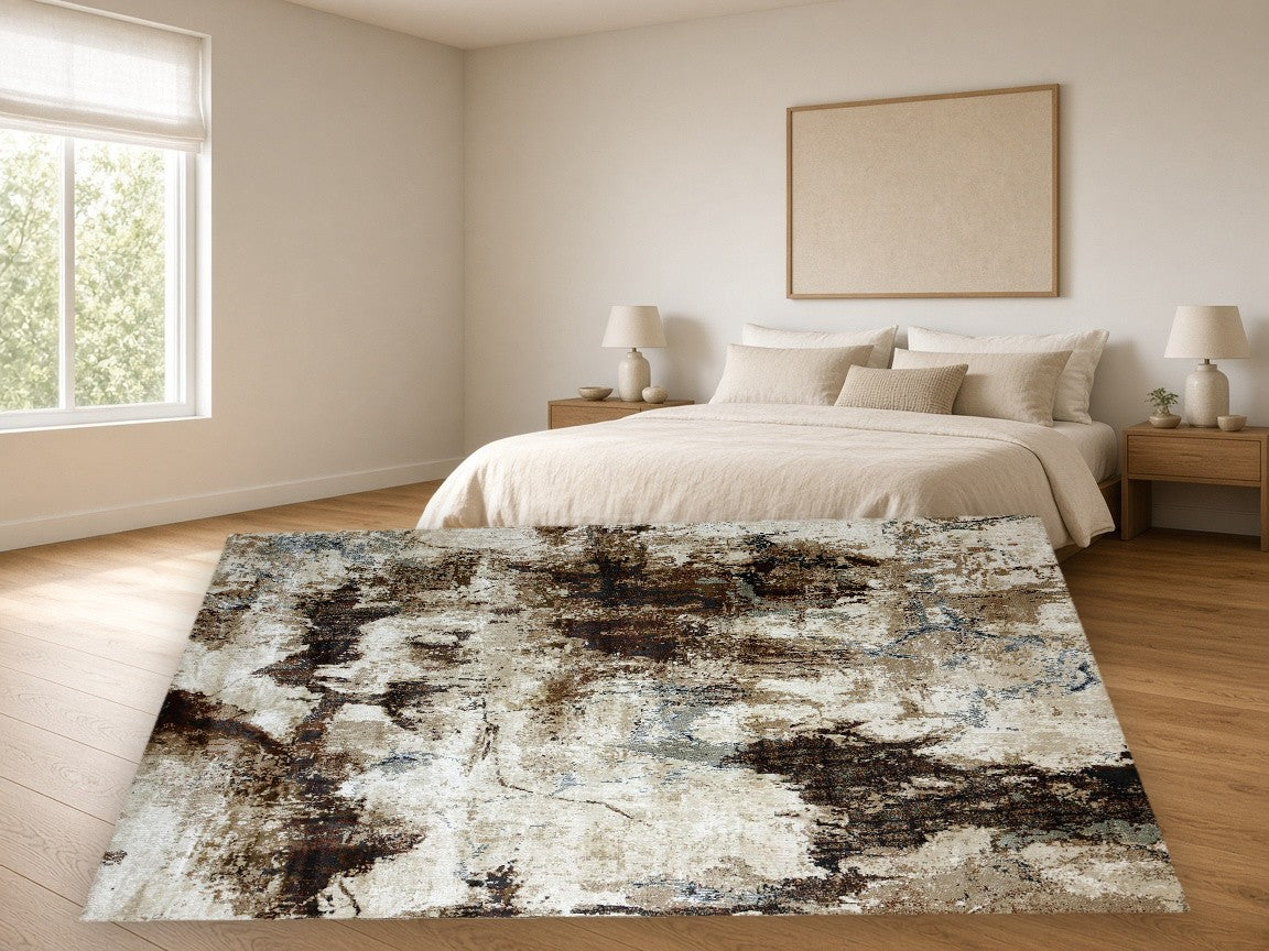 Taupe Splash New York Area Rug in a bedroom
