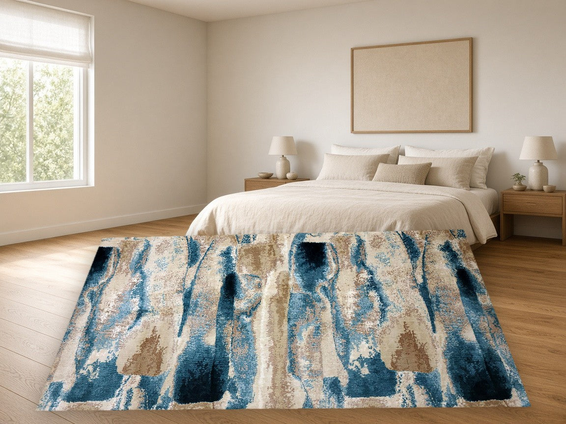 Timber Abstract Multi New York Area Rug in a bedroom