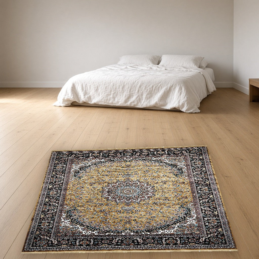Antique Gold Palace Panel Royal Area Rug in a bedroom