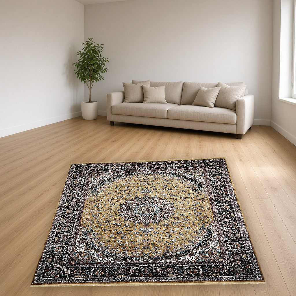 Antique Gold Palace Panel Royal Area Rug in a living room