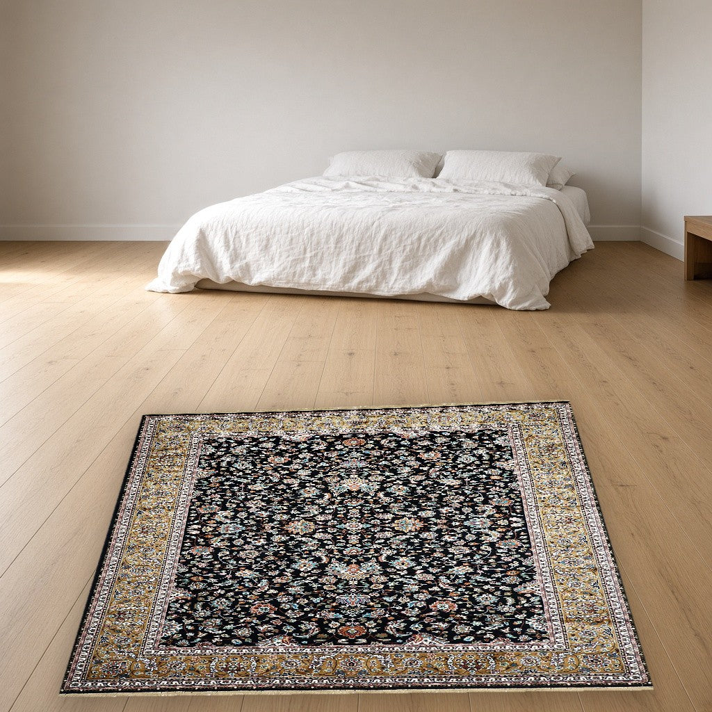 Black Court Floral Royal Area Rug in a bedroom