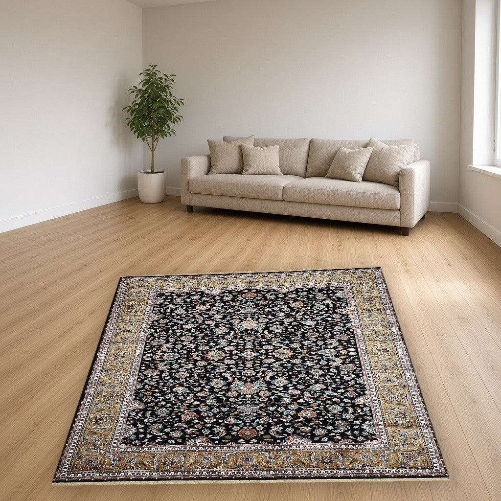 Black Court Floral Royal Area Rug in a living room
