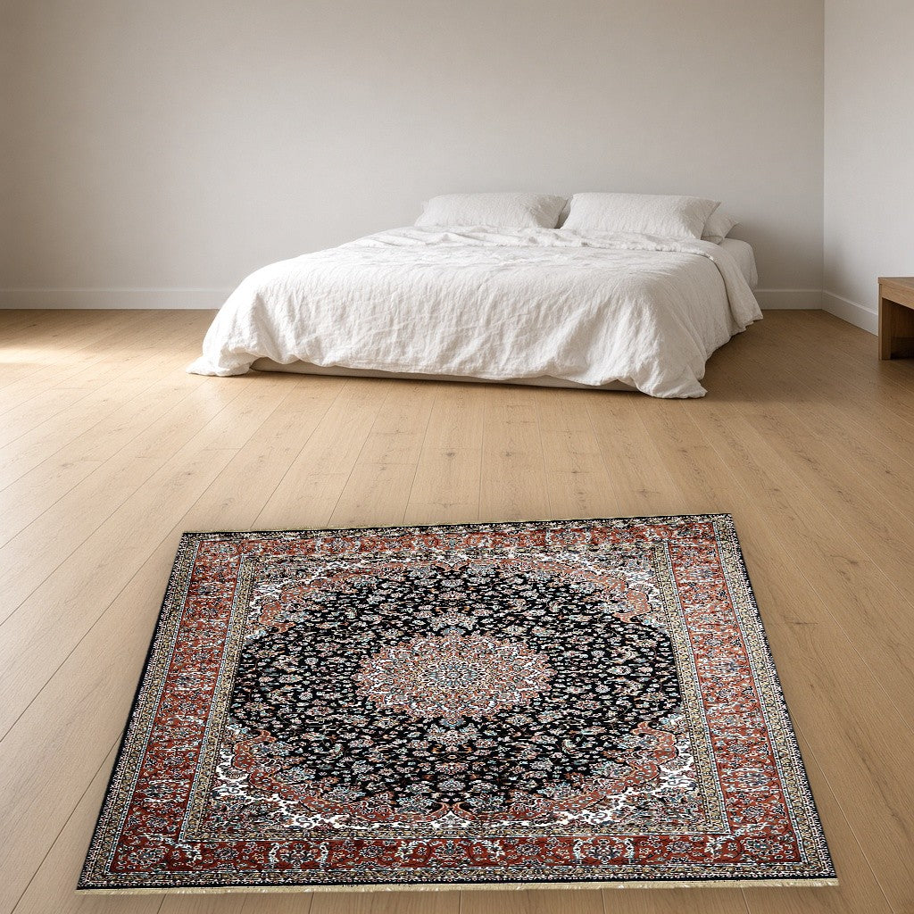 Black Palace Panel Royal Area Rug in a bedroom