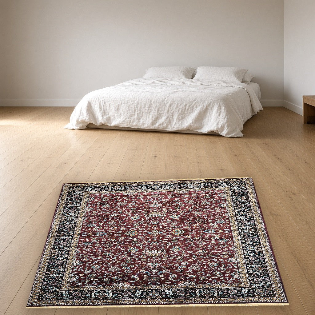 Burgundy Court Floral Royal Area Rug in a bedroom