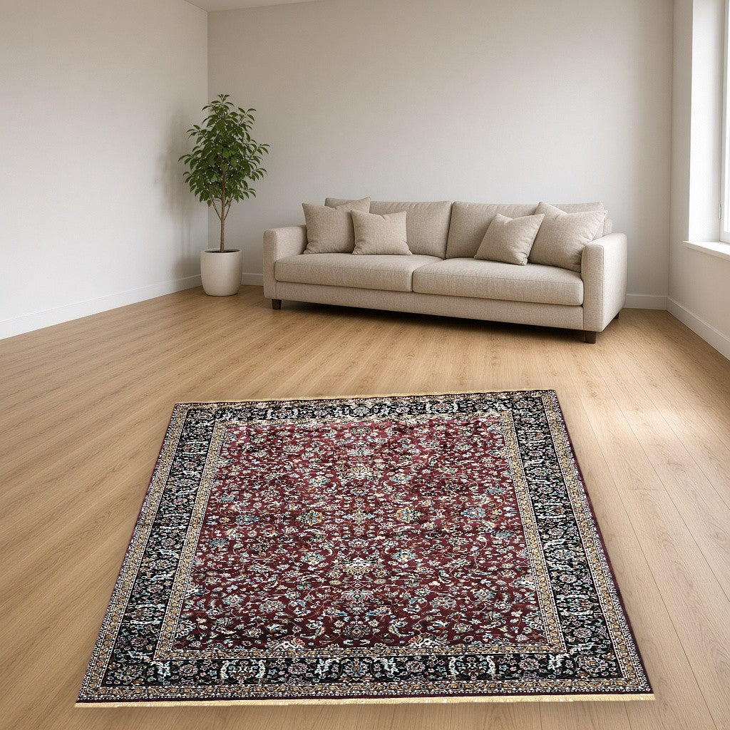 Burgundy Court Floral Royal Area Rug in a living room