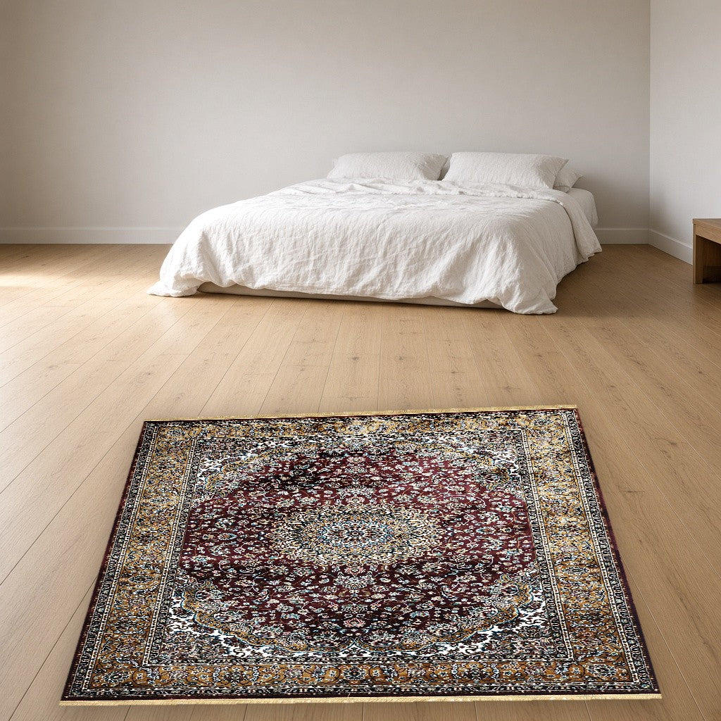 Burgundy Palace Panel Royal Area Rug in a bedroom