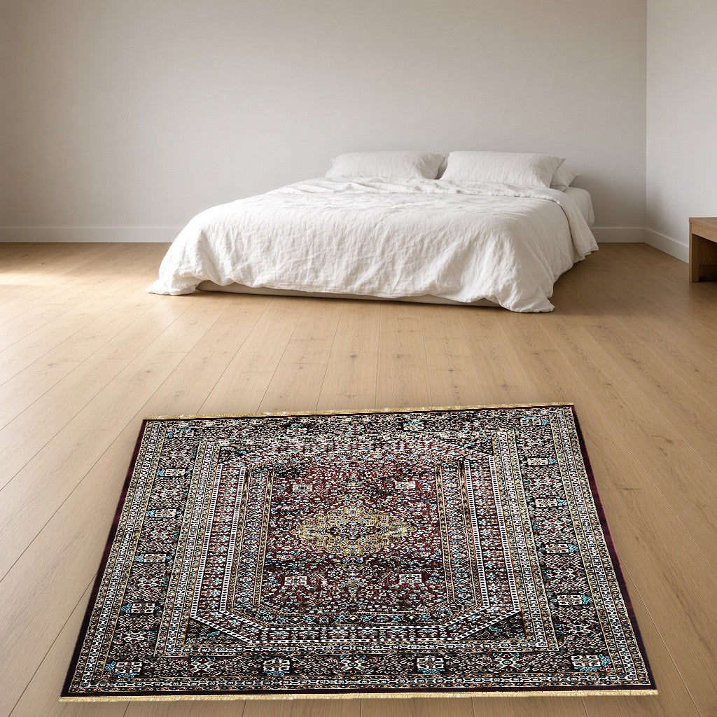 Burgundy Royal Medallion Royal Area Rug in a bedroom