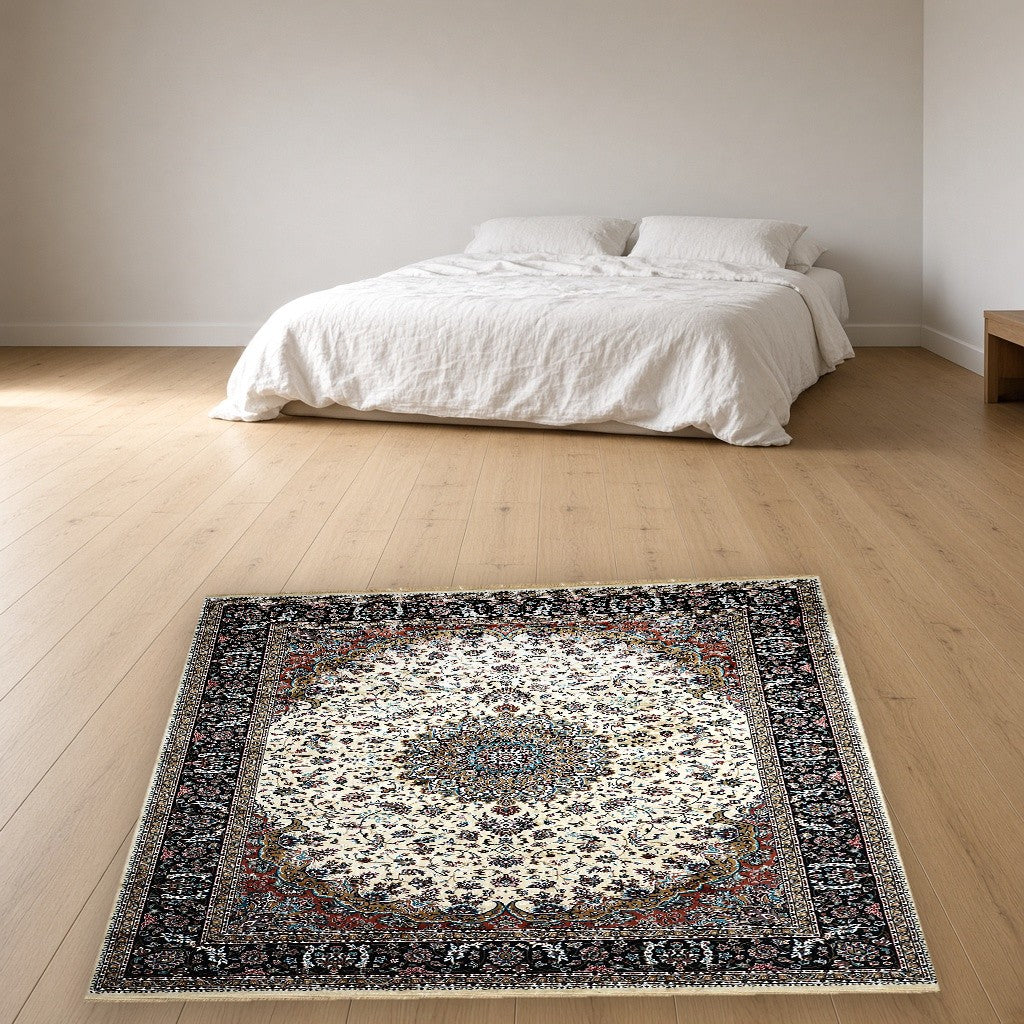 Cream Palace Panel Royal Area Rug in a bedroom