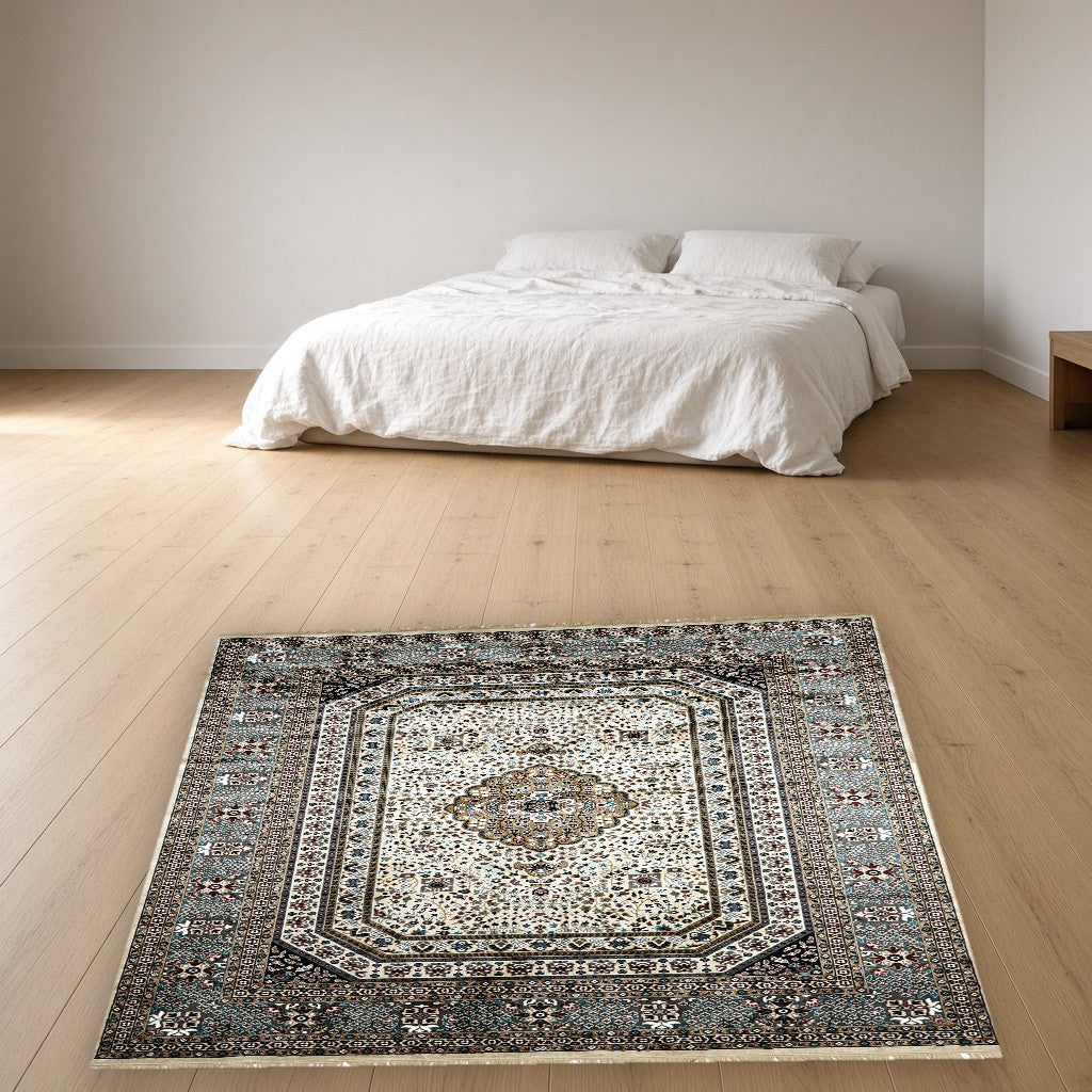 Cream Royal Medallion Royal Area Rug in a bedroom